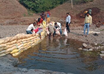 अक्राणी तालुक्यातील मांडवी खु.येथे जलसाक्षरता समितीतर्फे श्रमदानातून केली वनराई बंधाऱ्याची निर्मिती
