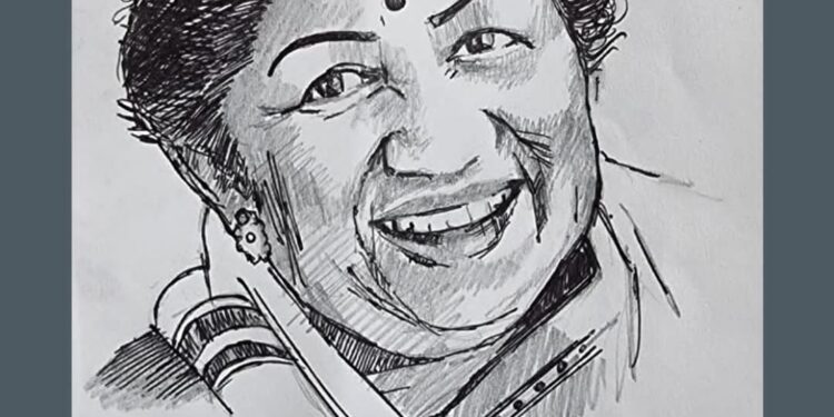 लतादिदींचे पेन्सीलव्दारे अवघ्या २० मिनीटांत ५ बाय १० से.मि.चे रेखाचित्र रेखाटुन पोलीस अधिक्षक पी.आर.पाटील यांनी अर्पण केली अनोखी श्रद्धांजली