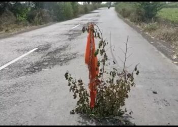 रस्त्यावरील खड्डा दिसावा म्हणून रस्त्यावर गाडला झेंडा,संबंधित विभागाचे दुर्लक्ष