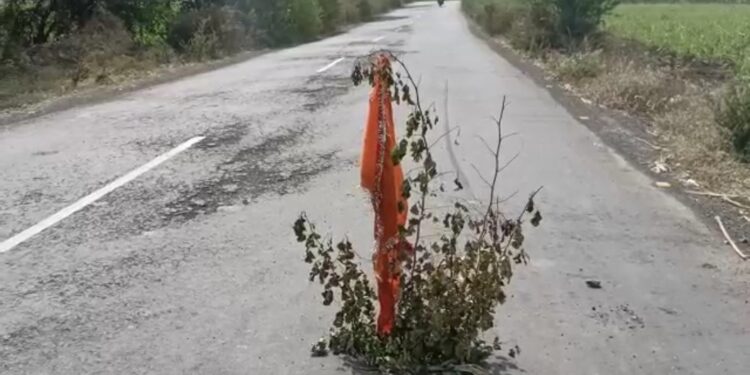 रस्त्यावरील खड्डा दिसावा म्हणून रस्त्यावर गाडला झेंडा,संबंधित विभागाचे दुर्लक्ष