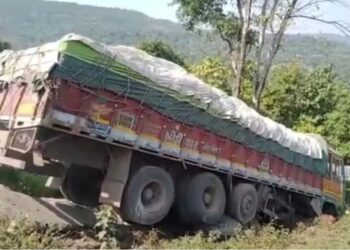 तांदूळ घेऊन जाणारा ट्रक उलटला, अपघातात ट्रकचालक जखमी