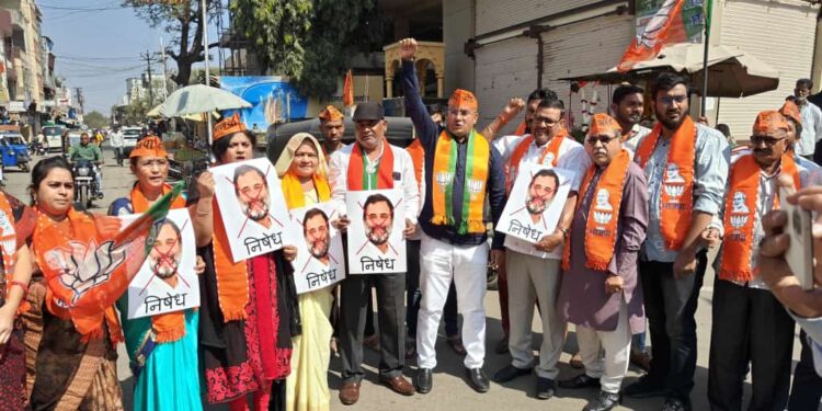 भाजपा युवा मोर्चातर्फे खासदार राहुल गांधी यांच्या विरुद्ध निषेध आंदोलन